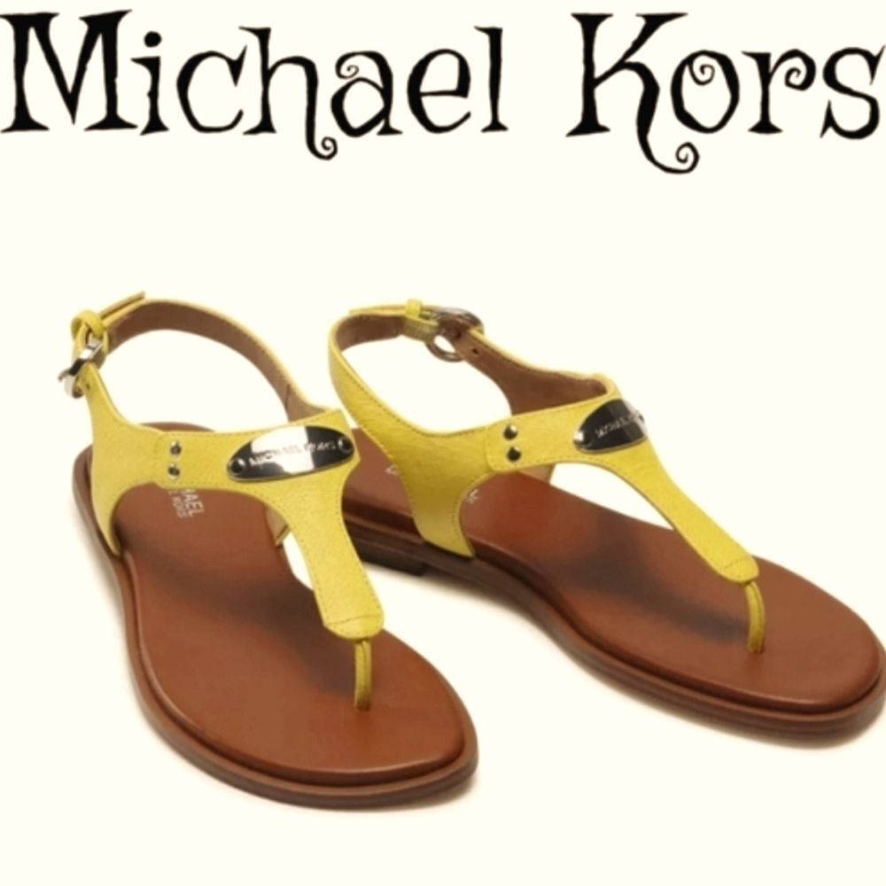 Michael Kors Plate Thong Flat Sandal In Yellow Leather Nee With Dustbag